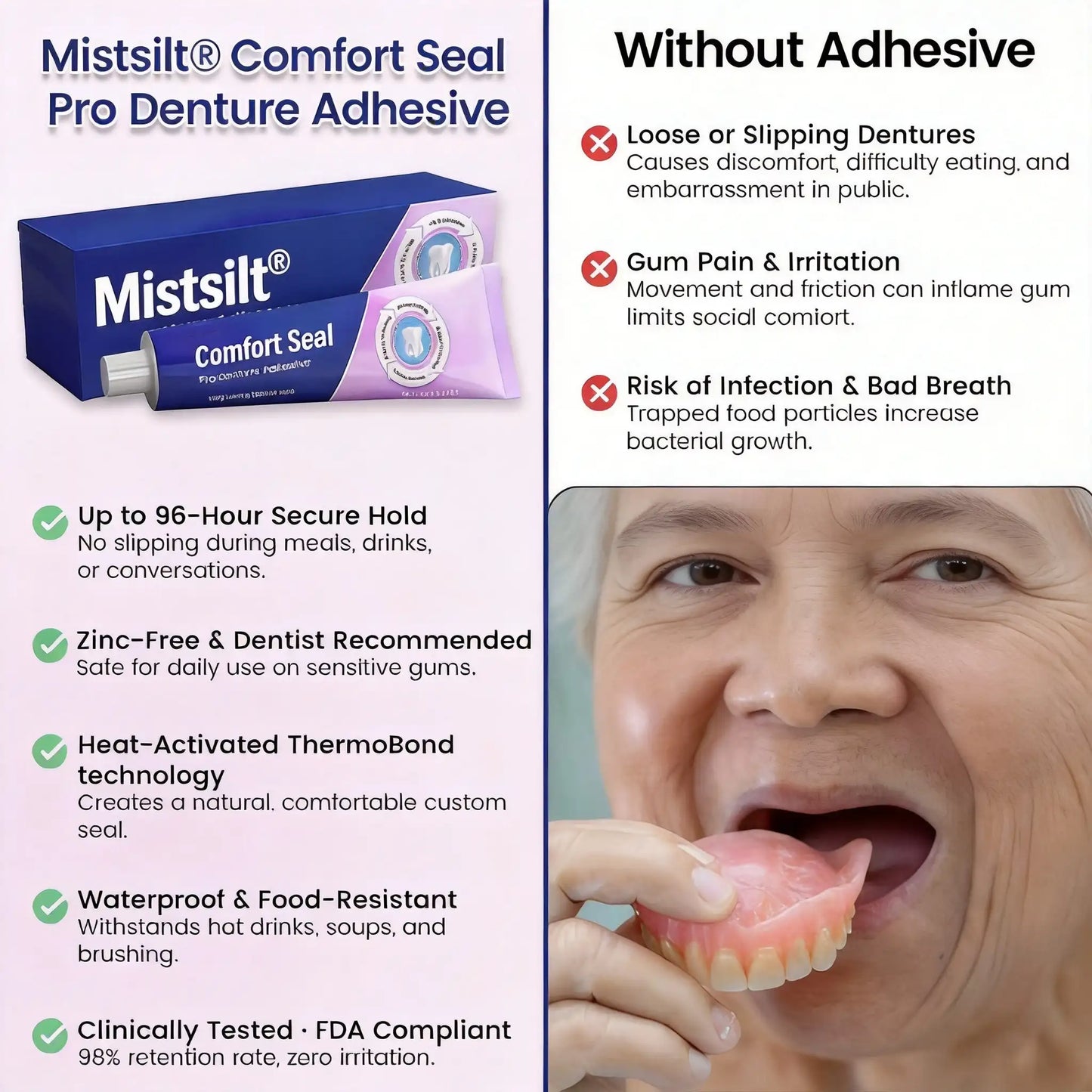 🔥 Mistsilt® Comfort Seal Pro Denture Adhesive🦷💜FDA Certified (Clinically Proven 96- Hour Lock Hold for Secure, Comfortable & Zinc-Free Denture Fit)