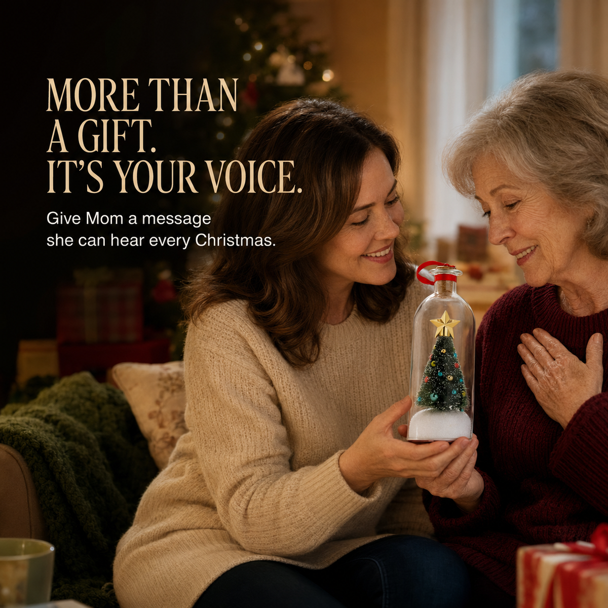 Daughter giving a recordable Christmas tree message bottle to her mother
