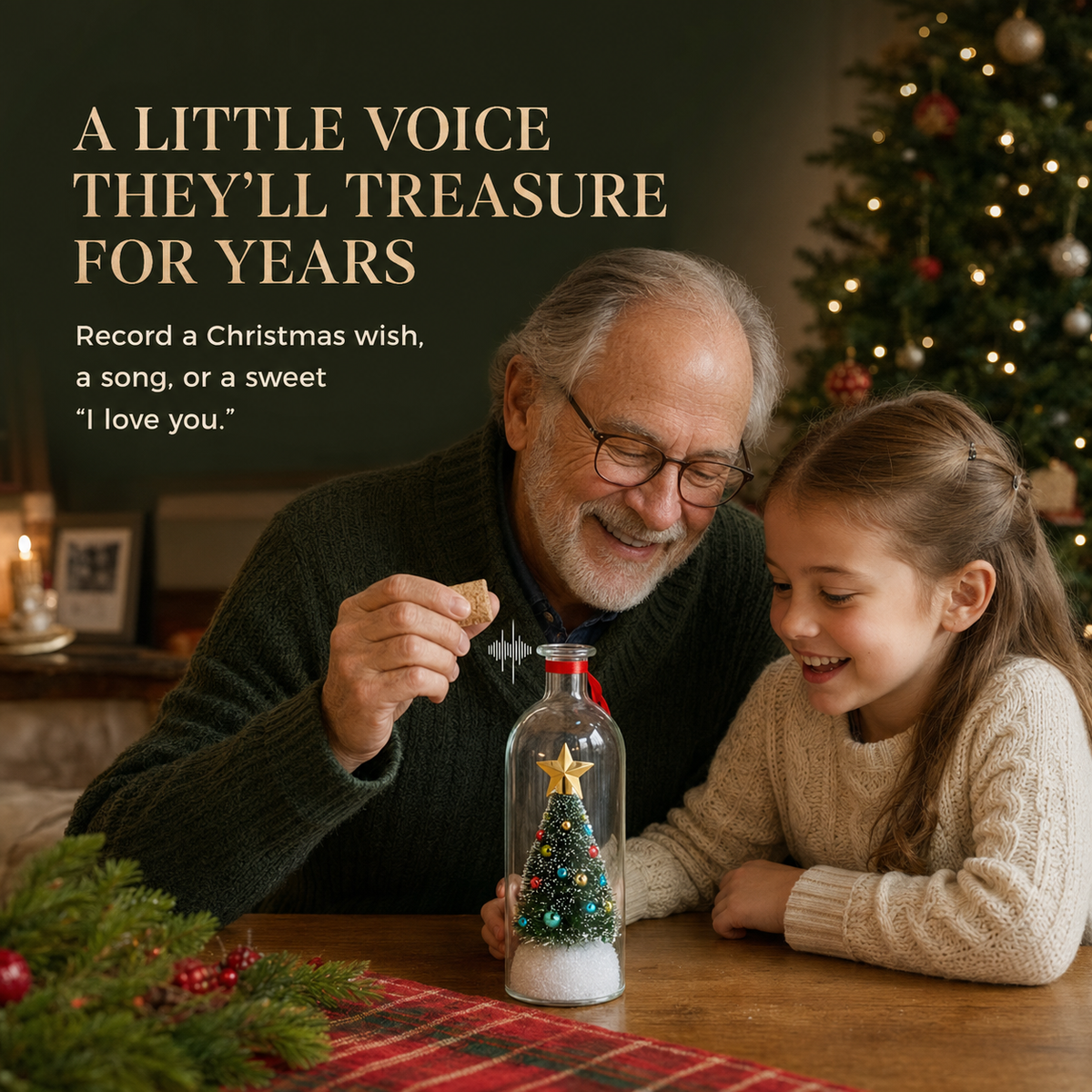 Grandfather and child recording a Christmas message together