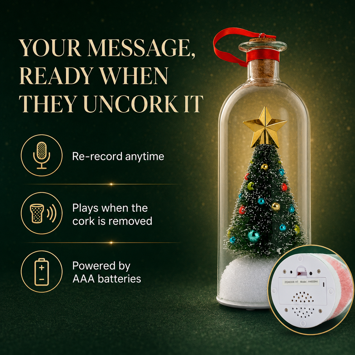 Recordable Christmas tree bottle showing playback recording and battery functions