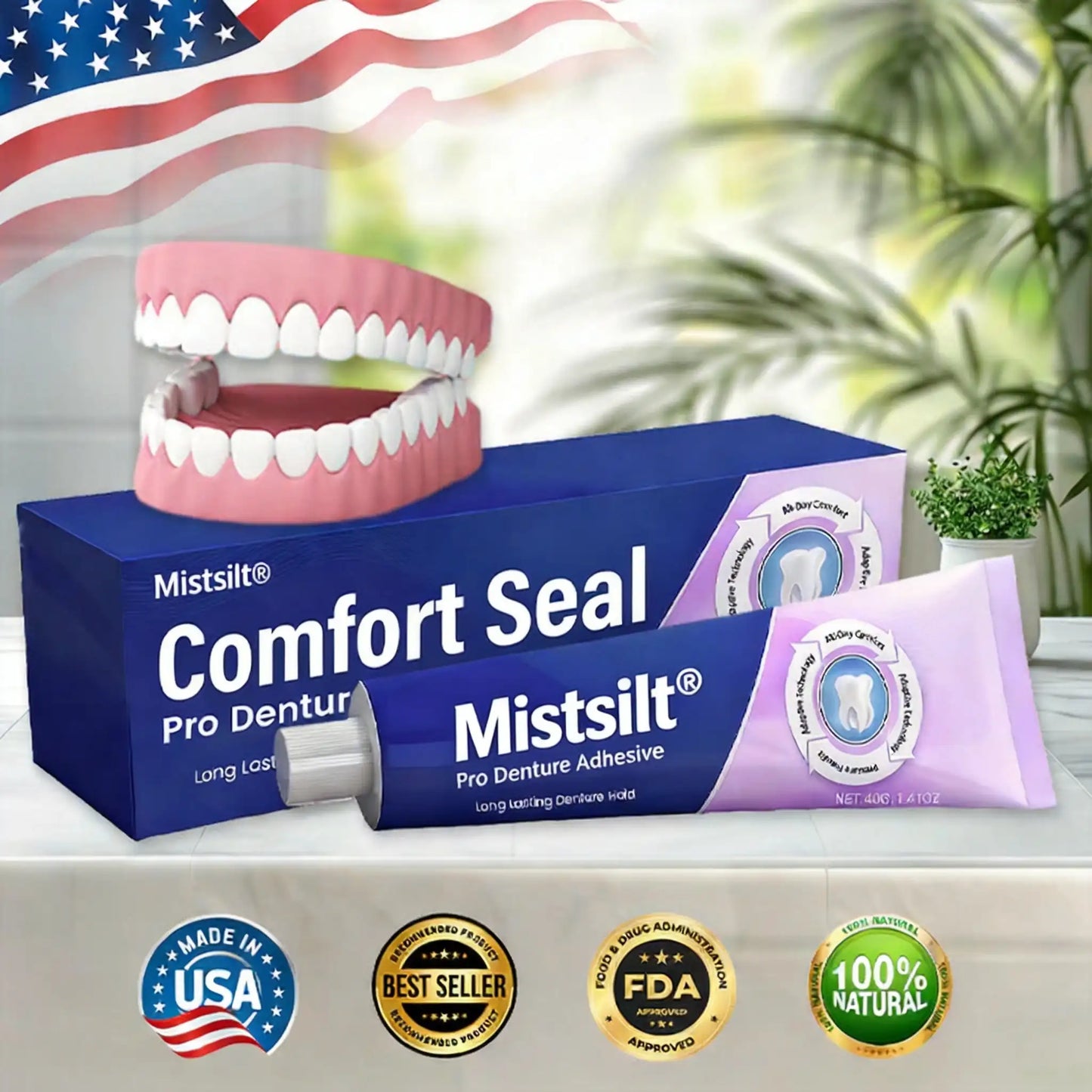 🔥 Mistsilt® Comfort Seal Pro Denture Adhesive🦷💜FDA Certified (Clinically Proven 96- Hour Lock Hold for Secure, Comfortable & Zinc-Free Denture Fit)