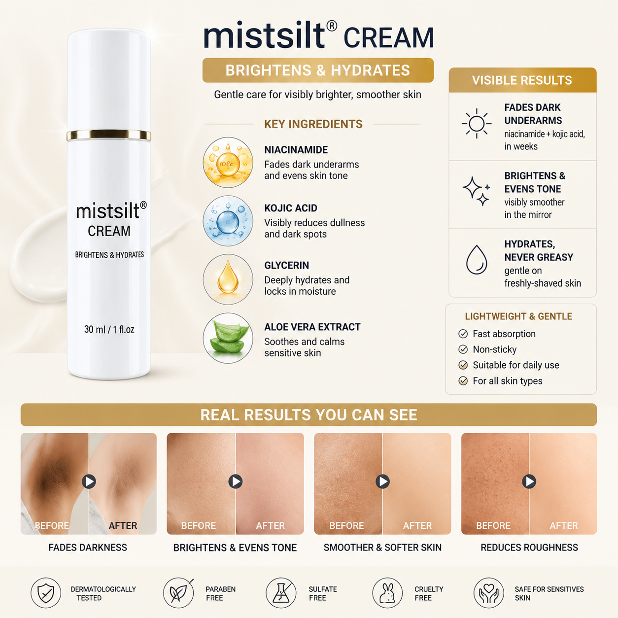 mistsilt®Niacinamide + Kojic Brightening Cream | Safe for Sensitive Skin