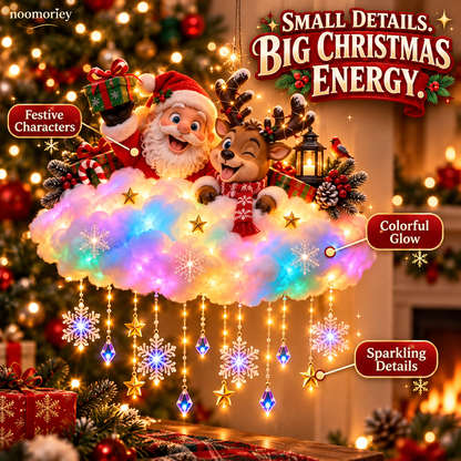 🎅 Santa & Reindeer Christmas Cloud Light – Colorful Glow with Hanging Stars & Snowflakes