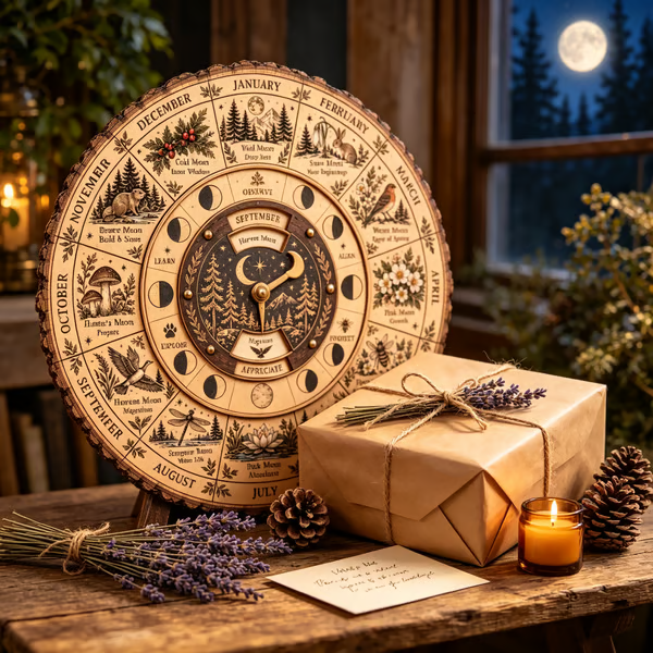 🌕 Handcrafted Wooden Moon Wheel — 12 Full Moon Names & Seasonal Nature Guide