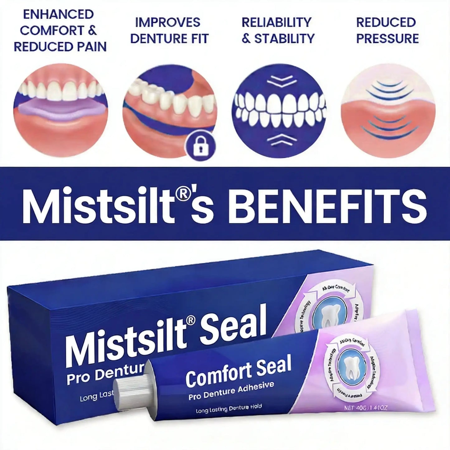 🔥 Mistsilt® Comfort Seal Pro Denture Adhesive🦷💜FDA Certified (Clinically Proven 96- Hour Lock Hold for Secure, Comfortable & Zinc-Free Denture Fit)