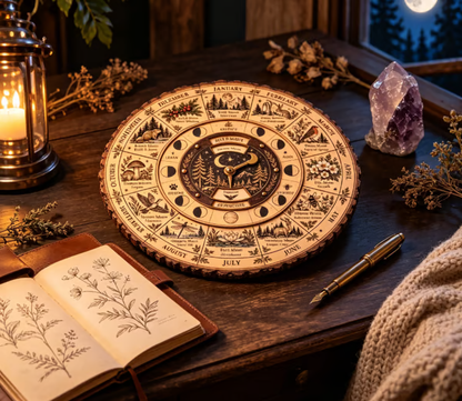🌕 Handcrafted Wooden Moon Wheel — 12 Full Moon Names & Seasonal Nature Guide